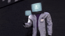a man in a lab coat has a tv on his head with a smiley face on it