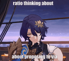 a cartoon character with the words ratio thinking about about proposing to via on the bottom