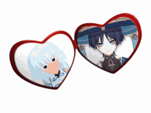 two red hearts with a picture of a girl and a boy on them