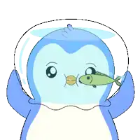 a penguin with a fish in its mouth