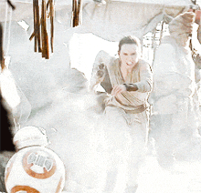 a woman is running away from a droid with the number 8 on it