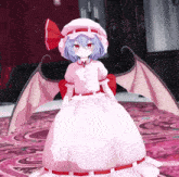 a girl in a white dress with red ribbons and wings