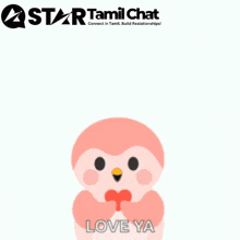 a pink penguin is surrounded by red hearts and says " love ya "