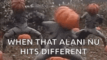 a group of pumpkins are standing next to each other in a field with the caption `` when that alani nu hits different '' .