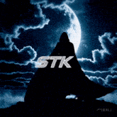 a silhouette of a person standing in front of a full moon with the letters stk on the bottom right