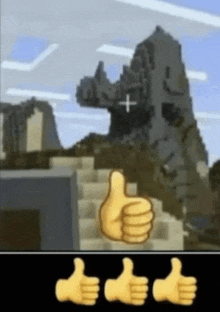a picture of a thumbs up in front of a mountain in minecraft