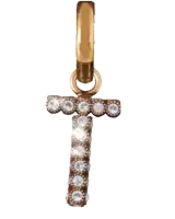 a gold pendant with the letter t surrounded by rhinestones