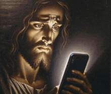 a painting of jesus holding a cell phone in his hand