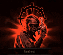 a drawing of a man holding a skull with the word irrational underneath him
