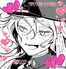 a black and white drawing of a girl with hearts around her and the word stereo