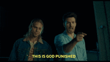 two men standing next to each other with the words " this is god punished " in yellow