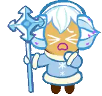 a gingerbread cookie with white hair is holding a snow wand .