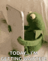 kermit the frog is holding a cell phone and saying `` today ... i 'm getting waisted ! ''