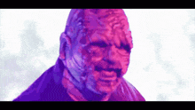 a purple and pink painting of a man 's face with a white background