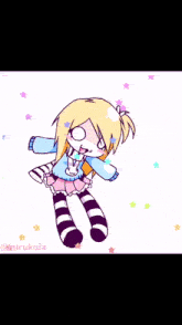 a drawing of a girl with a bunny necklace and striped socks