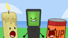 a candle a flip phone and a can of soup are cartoon characters