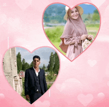 a man in a suit and a woman in a pink hijab are surrounded by pink hearts