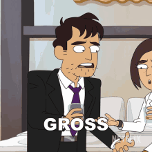 a cartoon of a man in a suit and tie holding a glass with the word gross behind him