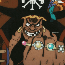 a cartoon of a man with rings on his fingers and the words @skmartins at the bottom