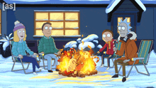 a cartoon of rick and morty sitting around a fire pit