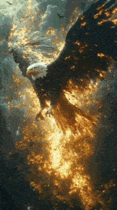 a bald eagle is flying through a cloudy sky surrounded by flames