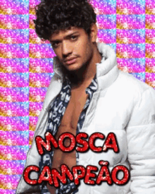 a man in a white jacket with the words mosca campeao written on it