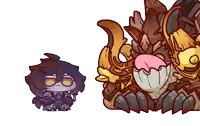 a cartoon character standing next to a monster with a pink mouth