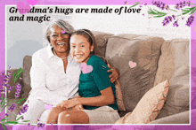 an advertisement for grandma 's hugs shows an elderly woman hugging a young girl on a couch