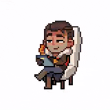 a pixel art illustration of a man sitting in a chair .