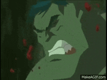 a close up of a cartoon character 's face with blood coming out of it .