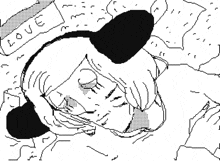 a black and white drawing of a person with the word love written above them