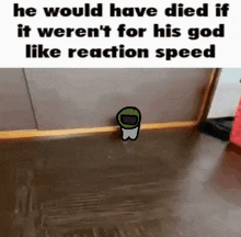 a cartoon character is standing on a wooden floor next to a door .