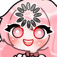a cartoon drawing of a girl with a flower on her head and red eyes