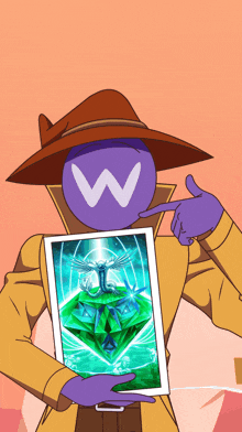 a cartoon character holding a tablet with a purple head with the letter w on it