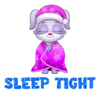 a cartoon dog wrapped in a purple blanket with the words sleep tight written below it