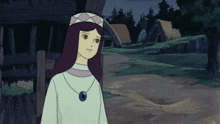 a girl with long purple hair and a blue necklace