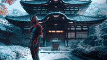 a man in a superhero suit stands in front of a temple