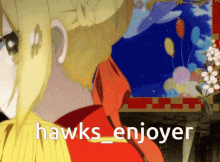 a picture of a girl with the words " hawks enjoyer " on it