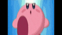 a close up of a pink cartoon character with a surprised look on his face