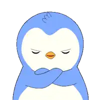 a blue and white penguin with its arms crossed and an angry look on its face