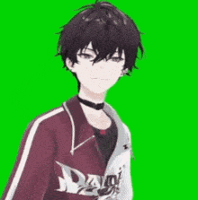 a boy with short black hair is wearing a choker and a jacket .