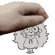 a hand is holding a cartoon character with curly hair .