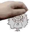 a hand is holding a cartoon character with curly hair .