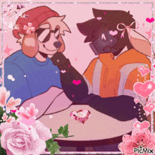 a couple of cartoon characters are sitting at a table with flowers and hearts surrounding them
