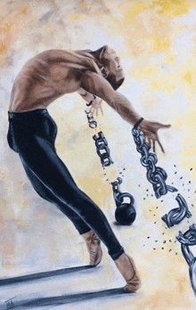 a painting of a man breaking a chain with the letter t on the bottom
