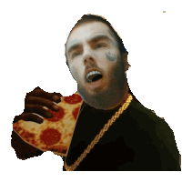 a man with a tattoo on his face holds a slice of pizza