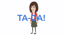 a cartoon of a woman dancing with the words ta-da in blue