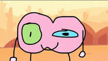 a pink cartoon character with a green eye and a blue eye .