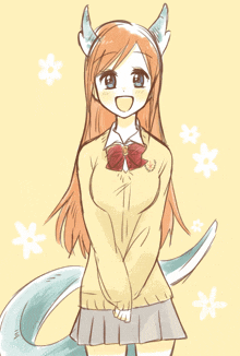 a drawing of a girl with long hair and horns