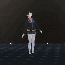 a girl in a school uniform is standing in a dark room with her arms outstretched